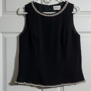 VTG Rimini by Shaw Beaded Pearl & Silver Sequin L Black Lined Sleveless Top